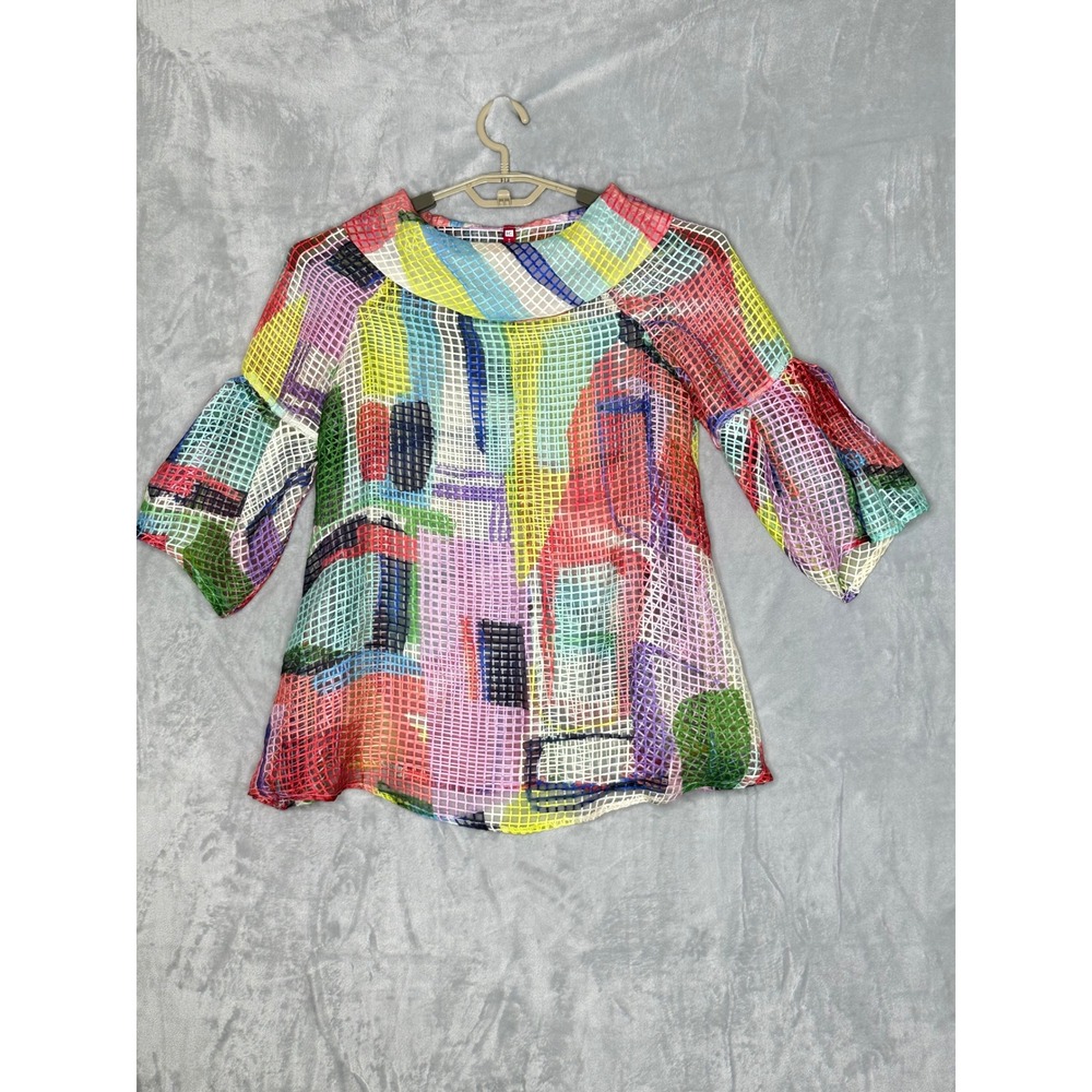IC Collection Womens Mesh Sheer Grid Tunic Top XS Art to Wear Colorful Lagenlook